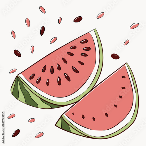 Fresh Watermelon Slice with Seeds on White Background