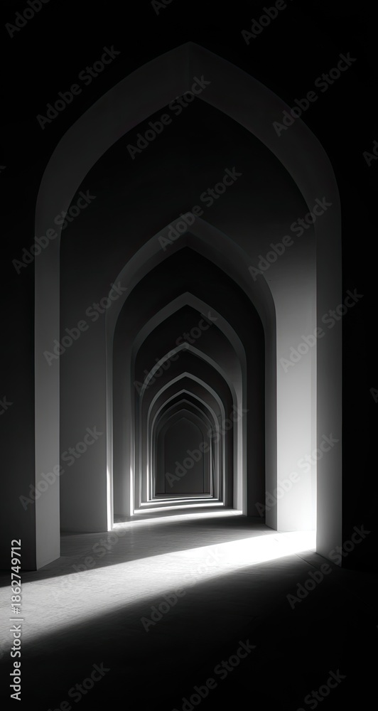 Naklejka premium A grayscale perspective of an arched hallway
