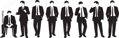 Multiple male business professionals in suits presented as stark black silhouettes against a white background