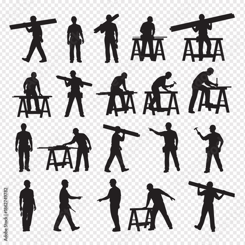 silhouette of men working with wood  various poses