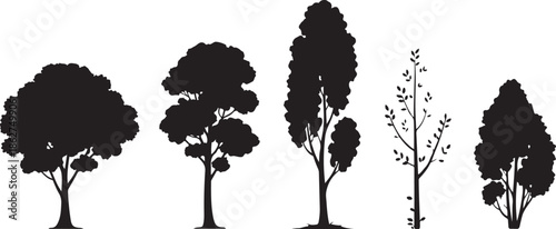 A collection of diverse tree silhouettes shows various plant shapes and sizes against a white background