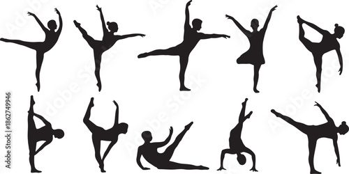 A collection of elegant ballerina silhouettes performing various graceful dance poses and movements