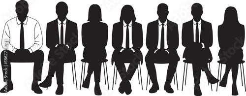 A row of diverse business people silhouettes sitting on chairs in a waiting area
