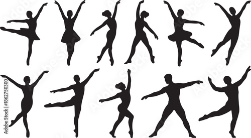 Elegant black silhouettes of female and male ballet dancers performing various graceful poses