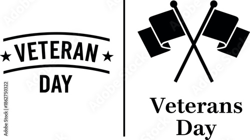 Vector silhouette icon set featuring crossed waving flags and an arched Veterans Day emblem for military remembrance designs