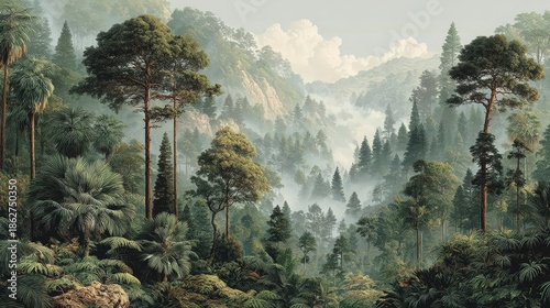 Explore dark jungle forest landscape mural wallpaper featuring Christmas trees and lush greenery in high quality design for modern spaces and creative settings
