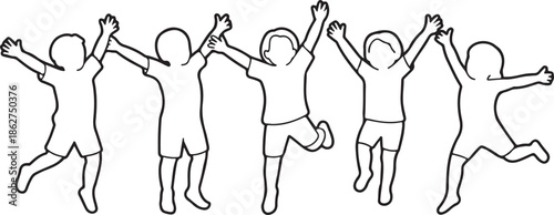 Five happy childrens outlines jumping together with arms up celebrating joy and friendship