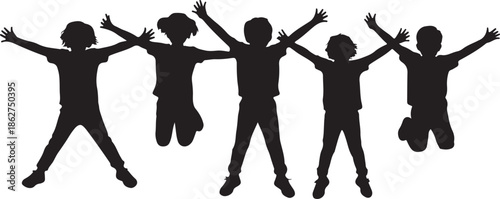 Five energetic childrens silhouettes jumping happily with outstretched arms symbolizing freedom and joy