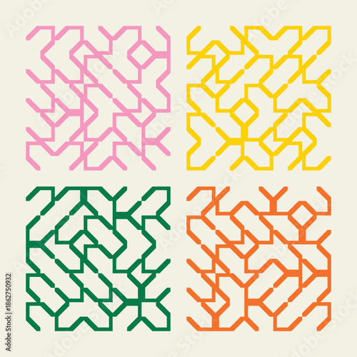 Collection of colorful geometric simple seamless patterns - bright symmetric textures. Vector repeatable minimalistic backgrounds. 
