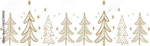 Elegant golden Christmas tree border with hand drawn evergreen silhouettes and festive sparkles