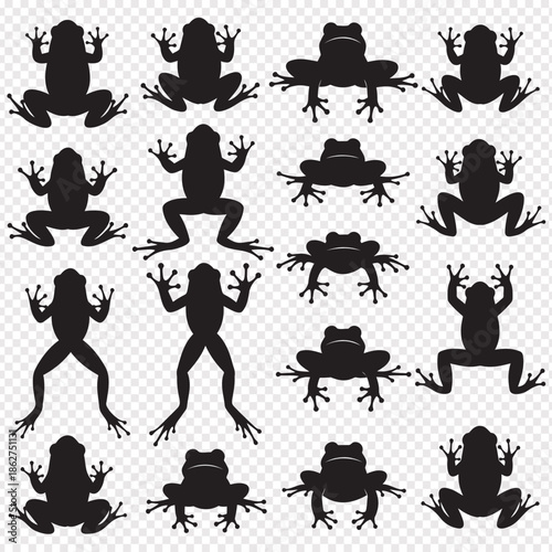 black silhouettes of frogs in various poses