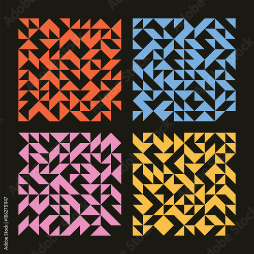 Collection of colorful geometric simple seamless patterns - bright symmetric textures. Vector repeatable minimalistic backgrounds. 
