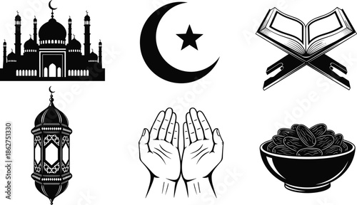 Islamic culture icon set, mosque, Quran, crescent moon, prayer hands, lantern, dates for Ramadan and worship, sacred flat vector