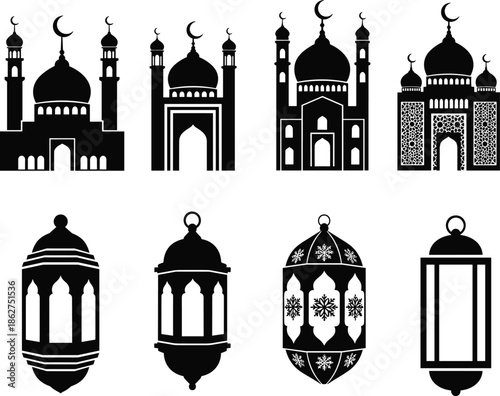 Islamic mosque and lantern silhouette icons, Ramadan architecture symbols, black religious elements for decoration and design, cultural flat vector