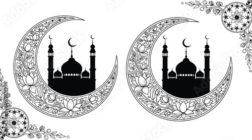 Ornate crescent moon with mosque silhouette, floral Islamic design, religious symbol for Ramadan and culture, decorative sacred art flat vector