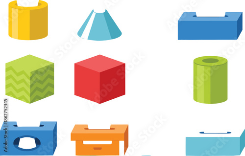 Abstract geometric blocks vector set featuring colorful three dimensional shapes cylinders cubes and modular design elements