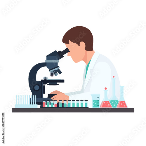 Scientist analyzing sample under microscope in laboratory, science research concept