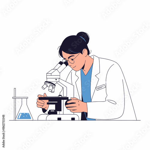 Scientist in Lab Coat Examining Sample Under Microscope, Flask Nearby