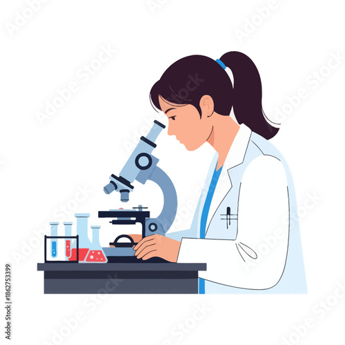 Scientist Researching with Microscope and Test Tubes in Laboratory