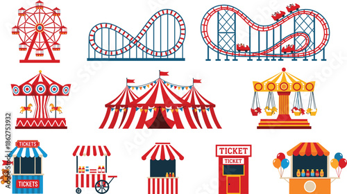 Amusement park attractions vector set featuring ferris wheel roller coaster circus tent rides and carnival stalls