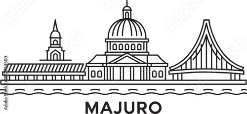 Outline skyline silhouette of majuro marshall islands featuring government building and modern bridge