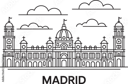 Madrid spain skyline city landmark building outline vector illustration in thin line art style