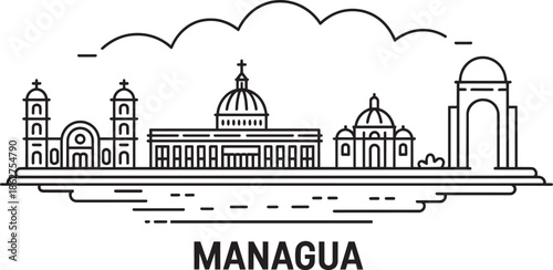 Managua skyline outline with colonial buildings and modern architecture travel landmark