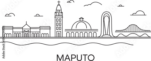 Foto Maputo city skyline thin line art illustration with mozambique landmarks and coa