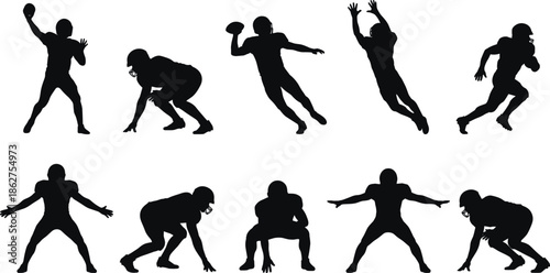 American football player silhouettes isolated on white background showing passing, running, catching, defensive stances, and dynamic action poses for sports and design use