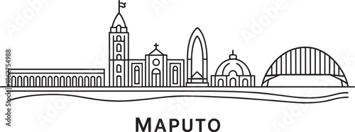Maputo mozambique cityscape line drawing with bridge and historical buildings vector graphics