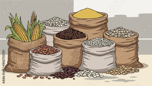 Various healthy dry agricultural products stored in rustic burlap bags