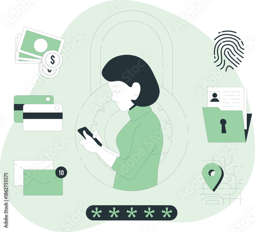 Woman accessing online banking with mobile device and password security measures in a digital environment