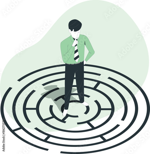A man stands confidently in the center of a complex maze