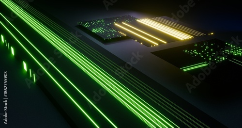 Futuristic digital circuit board with glowing neon green and yellow light trails