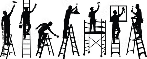 Construction and maintenance worker silhouettes isolated on white background showing painting, repairing, ladder work, scaffolding tasks, and professional building renovation activities