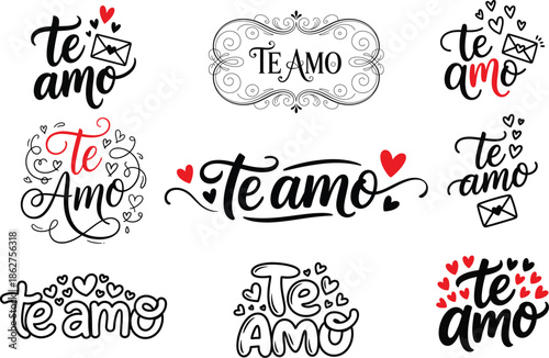 Te Amo Hand Lettering Vector Bundle – Romantic Spanish Love Typography with Hearts Feliz dia de San Valentin, Decorative Frames, Valentine Design Set for Cards, Wedding and Stickers tshirt tee print 