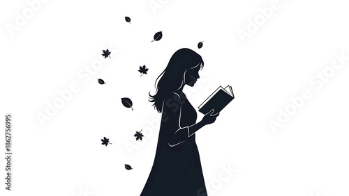 A silhouette illustration of a woman engrossed in reading a book, surrounded by falling autumn leaves against a white backdrop