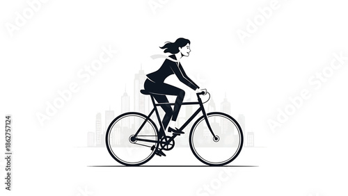 A silhouette of a businesswoman riding a bicycle in front of a city skyline, symbolizing urban mobility and eco-friendly transportation