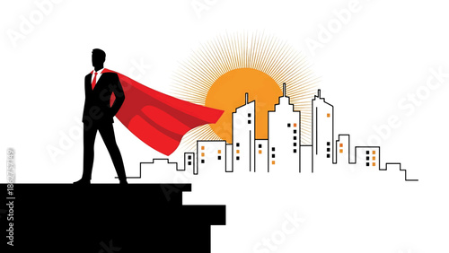 A silhouette of a business professional, cape flowing, over a stylized skyline. Sun rising in the background. The scene suggests leadership and a superhero