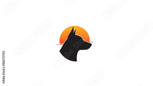 A silhouette of a canine head faces right, set against a circular gradient backdrop suggesting sunset or sunrise, with a minimalist aesthetic