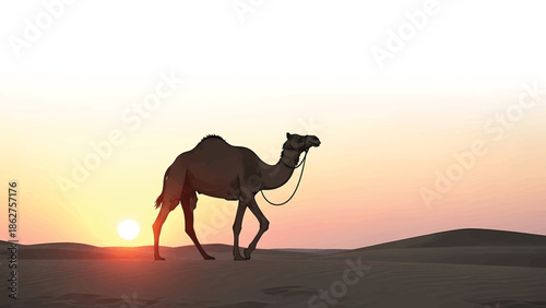 A silhouette of a camel walks across a desert landscape at sunset. The sun is large and low in the sky, creating a warm, hazy glow