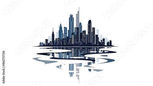 A silhouette of a cityscape reflecting on a body of water, featuring tall buildings and their mirrored images
