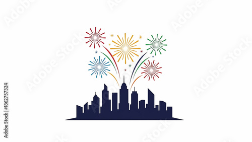 A silhouette of a cityscape with fireworks bursts of multiple colors, ascending from its skyline, on a white background