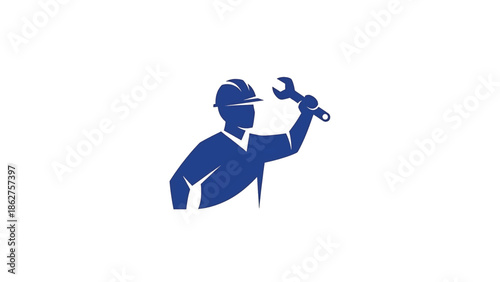 A silhouette of a construction worker holding a wrench, clad in a hard hat, with a textured effect, all against a white backdrop