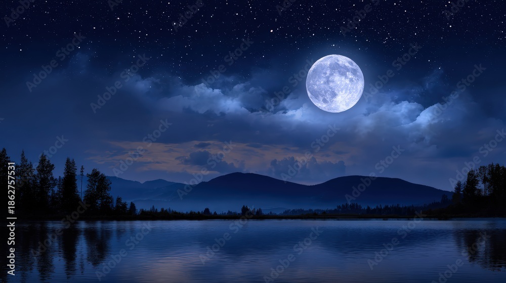 Fototapeta premium A serene night scene with a full moon reflecting on a calm lake, surrounded by mountains and a starry sky.