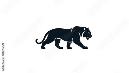 A silhouette of a feline predator is shown walking with a confident posture. The animal's fur appears textured, suggesting detail