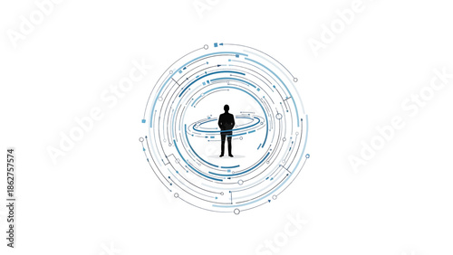 A silhouette of a person stands central within a network of concentric circles, hinting at information and connectivity