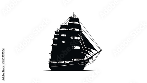 A silhouette of a sailing ship with multiple sails, masts, and rigging. The vessel appears to be afloat in water against a blank white backdrop