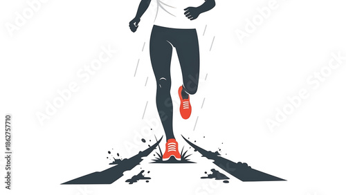 A silhouette of a runner in action, legs blurred, red shoes, white shirt, against a white background. Splashes indicate the run