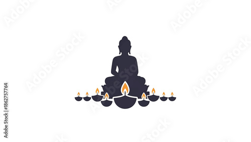 A silhouette of a seated figure with lotus and lamps below. Each lamp has a flame. The figure sits centered